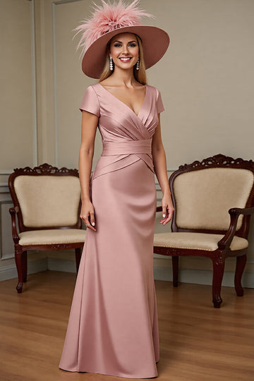 Dusty Rose Satin Sheath V-Neck Long Mother Of The Bride Dress